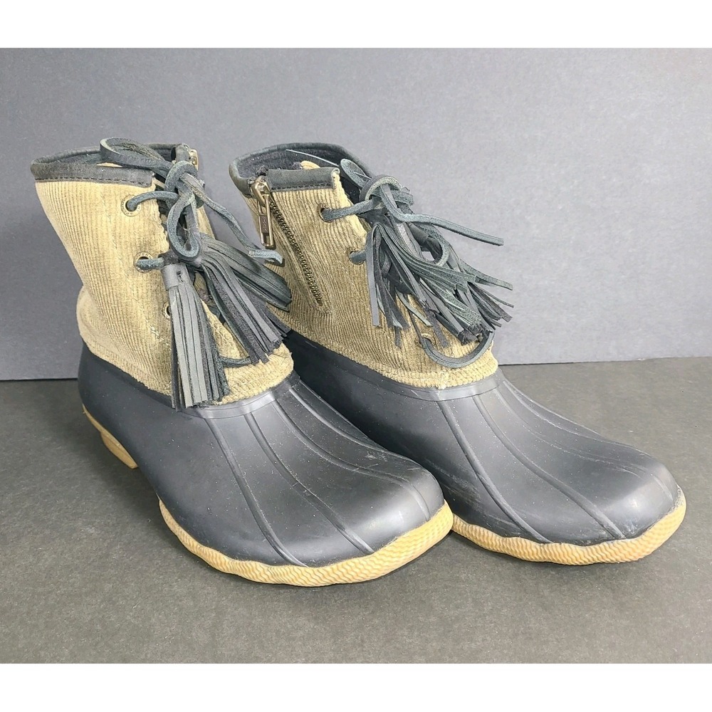 Sperry Saltwater Duck Boots Womens Size 7 Green Corduroy Leather Tassels